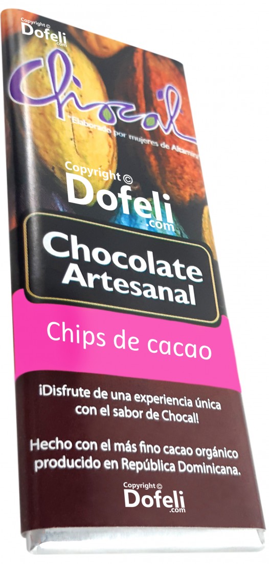 Dominican Republic chocolate bar by Chocal with cocoa chips and traditional artisan preparation.